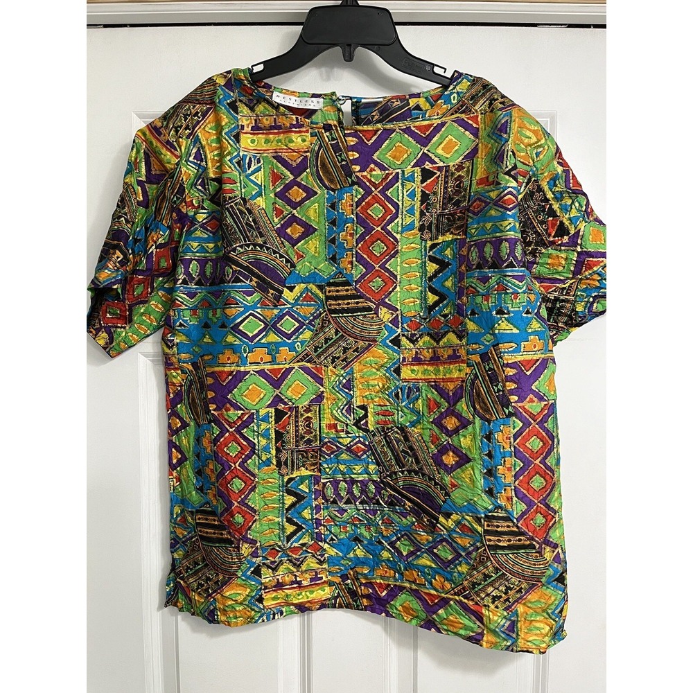 Restless Clothiers Large Top 100% Silk Blouse Bold Colorful Shoulder Pads Shirt